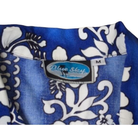 VTG Blue Sky Hawaiian Floral 100% Rayon Button Up Collared Sleeveless Blouse M - Picture 2 of 4